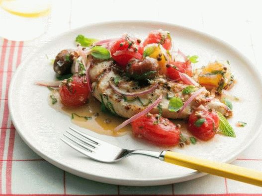 Pechuga de pollo a la plancha con tomates cherry en escabeche