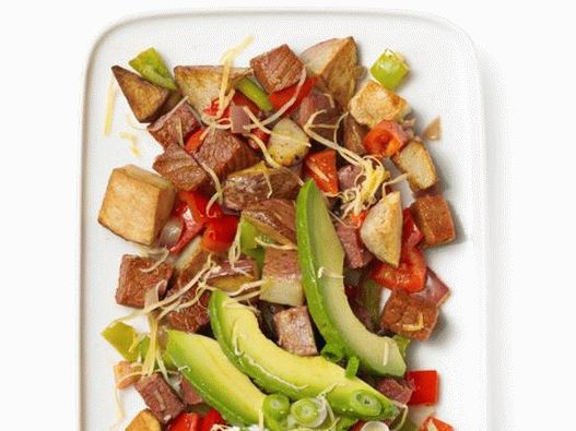 Foto del plato: papas hervidas tostadas con carne en conserva
