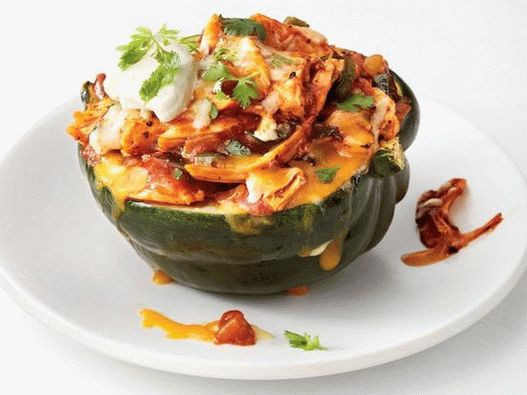 Foto del plato - Calabaza al horno rellena de pollo en salsa de enchiladas