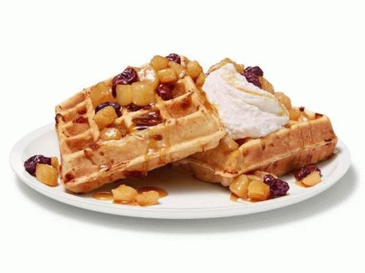 Foto cuajada gofres con compota de cereza y pera